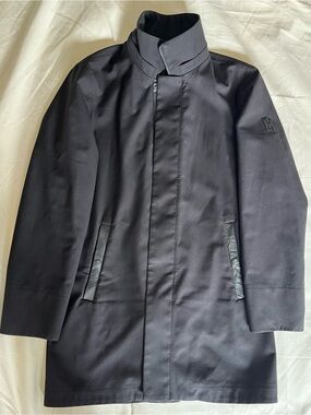 Mackage Men's Black Trench Coat with Leather-Trim Pockets